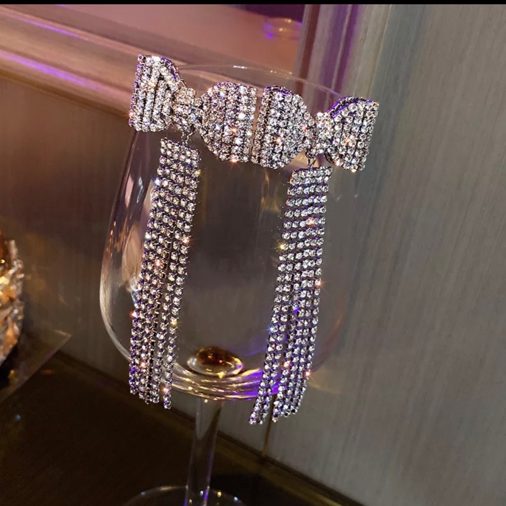 Long Tassel Rhinestone Drop Earrings - Picture 5 of 6